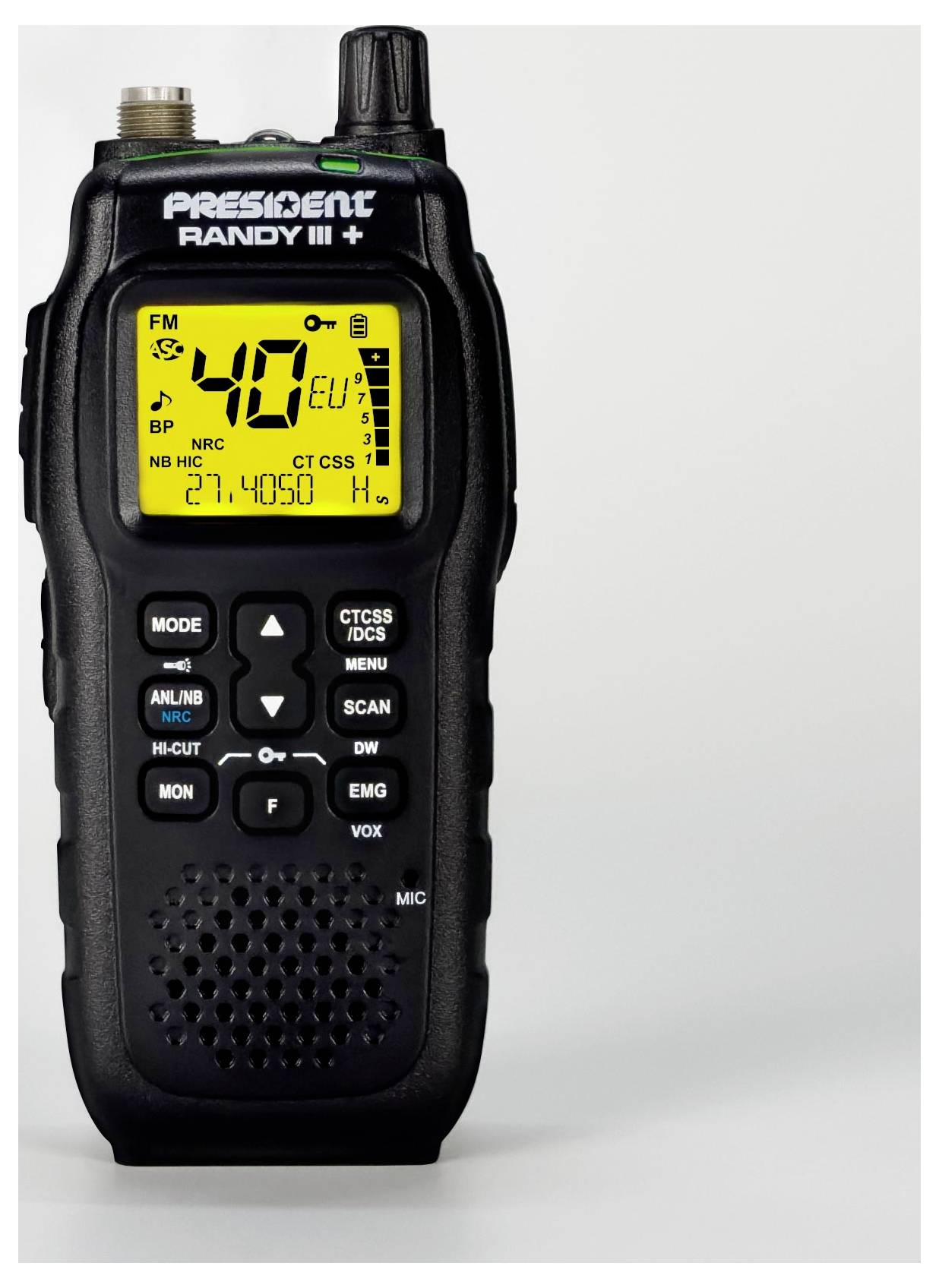 Un dispositif radio portable avec un affichage numérique jaune indiquant '40 CH' et la fréquence '27.4050'. Les boutons comprennent scan, volume et urgence.