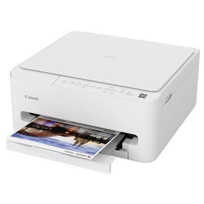Une imprimante Canon imprime un document en couleur. Elle présente un panneau de commande avec plusieurs boutons et un bac à papier qui s'étend à l'avant.