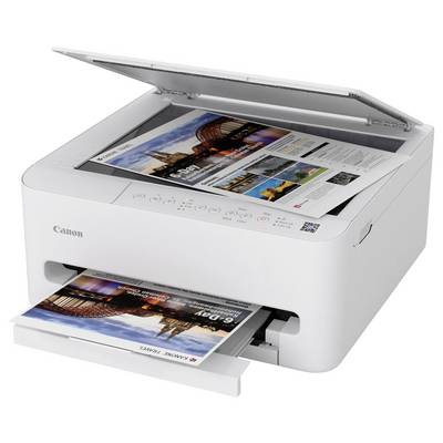 Une imprimante Canon blanche imprimant un document couleur comprenant des images et du texte. Le document présente une photo d'un pont et une annonce d'événement.