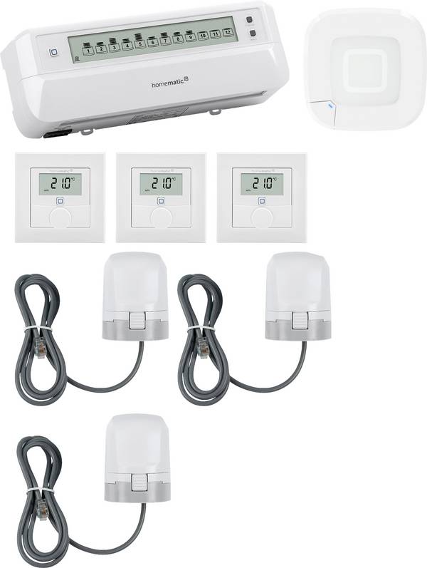 Homematic IP  Kit de démarrage chauffage a usol, Point d'accès, Actionneur, Thermostat mural   HmIP-HAP2+HmIP-FALMOT-C12+HmIP-VDMOT+HmIP-WTH-1 - 3er Set