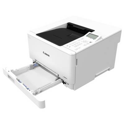 Une imprimante laser blanche Canon avec un bac à papier ouvert, montrant le panneau de commande et l'écran, conçue pour un usage bureautique ou domestique.
