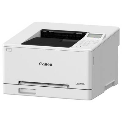 Imprimante Canon blanche avec un plateau à papier partiellement ouvert, panneau de commande situé en haut à droite, logo de marque à l'avant.