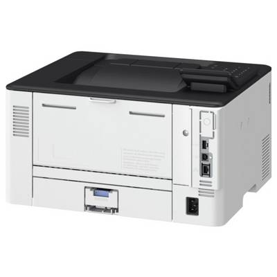 Imprimante laser de bureau blanche avec un panneau supérieur noir, dotée de boutons de commande et de ports de connectivité sur le côté.