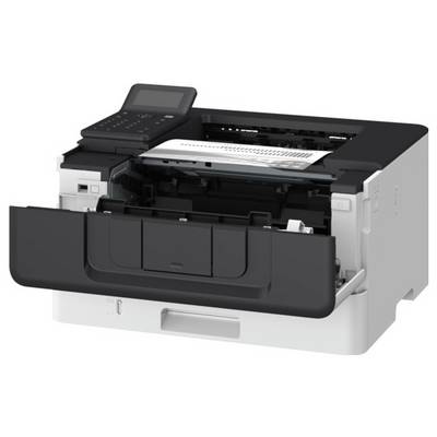 Une imprimante moderne noir et blanc avec un plateau papier ouvert montrant le mécanisme à l'intérieur, prêt à charger du papier.
