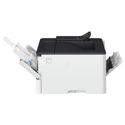 Une imprimante de bureau compacte noir et blanc avec les bacs à papier ouverts, montrant les zones d'alimentation et de sortie.