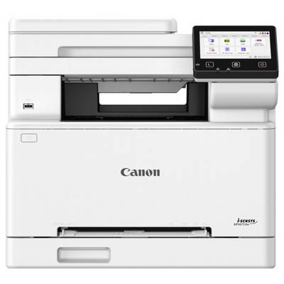 Un imprimante multifonction Canon i-SENSYS blanche avec un écran tactile, affichant divers icônes pour les fonctions d'impression, de copie et de numérisation.