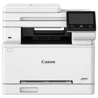 Une imprimante multifonction blanche Canon avec un panneau de commande sur la droite, adaptée à un usage de bureau.