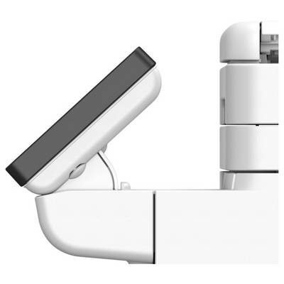 Un support blanc et ajustable pour téléphone ou tablette avec une surface noire, présenté de côté, mettant en valeur son mécanisme de charnière.