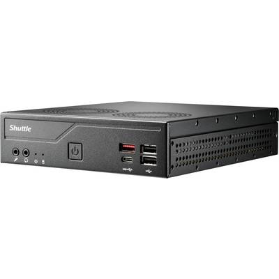 Un mini PC compact, rectangulaire et noir avec un bouton d'alimentation à l'avant, des ports USB et des prises casque, portant l'étiquette « Shuttle ».