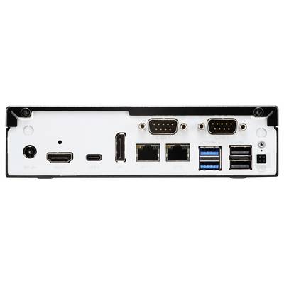Panneau arrière d'un appareil montrant plusieurs ports : alimentation, HDMI, USB-C, COM 1 et 2, deux Ethernet, quatre USB et audio.