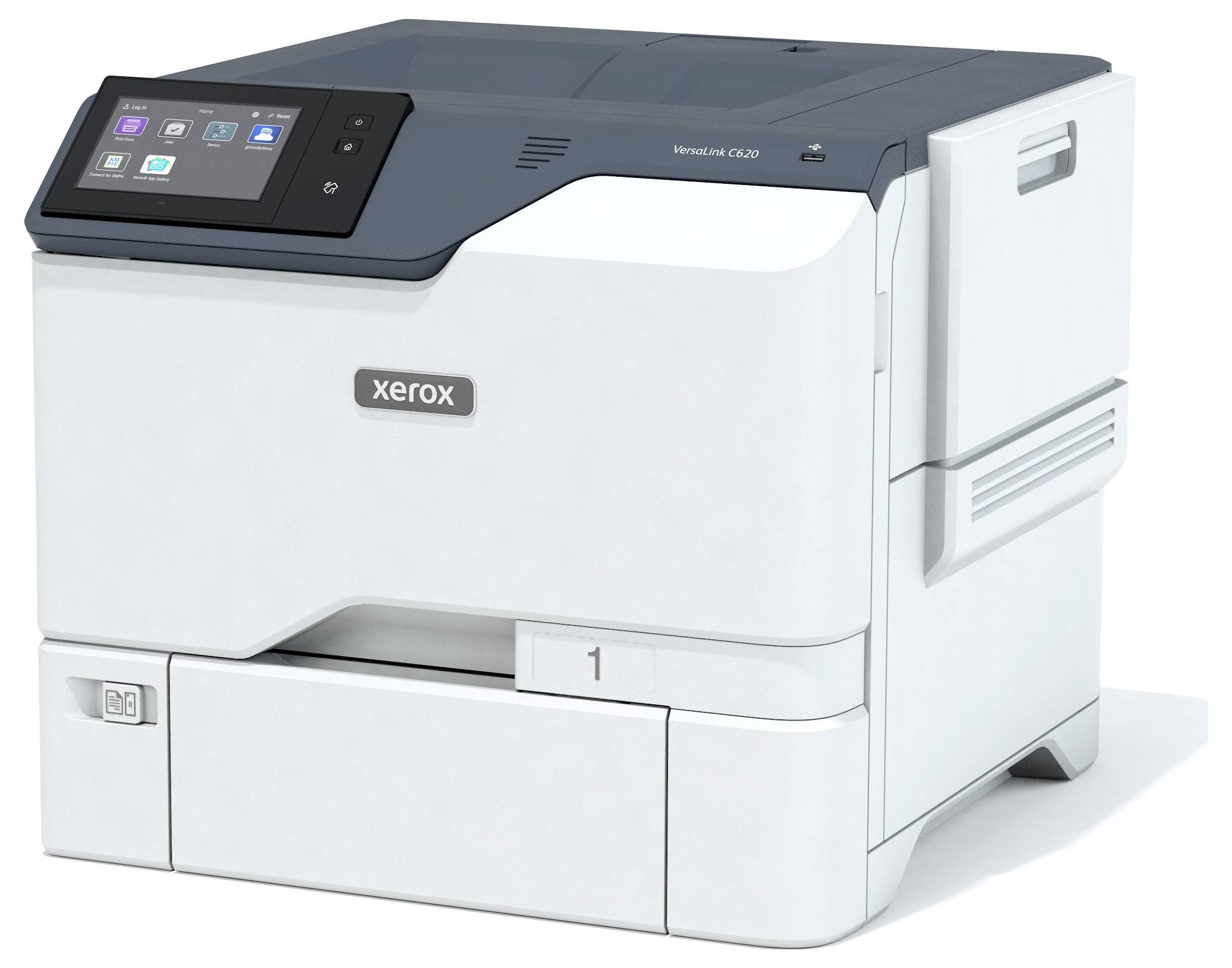 Une imprimante Xerox Versalink C7000 avec une interface tactile, présentant un design blanc et gris foncé.