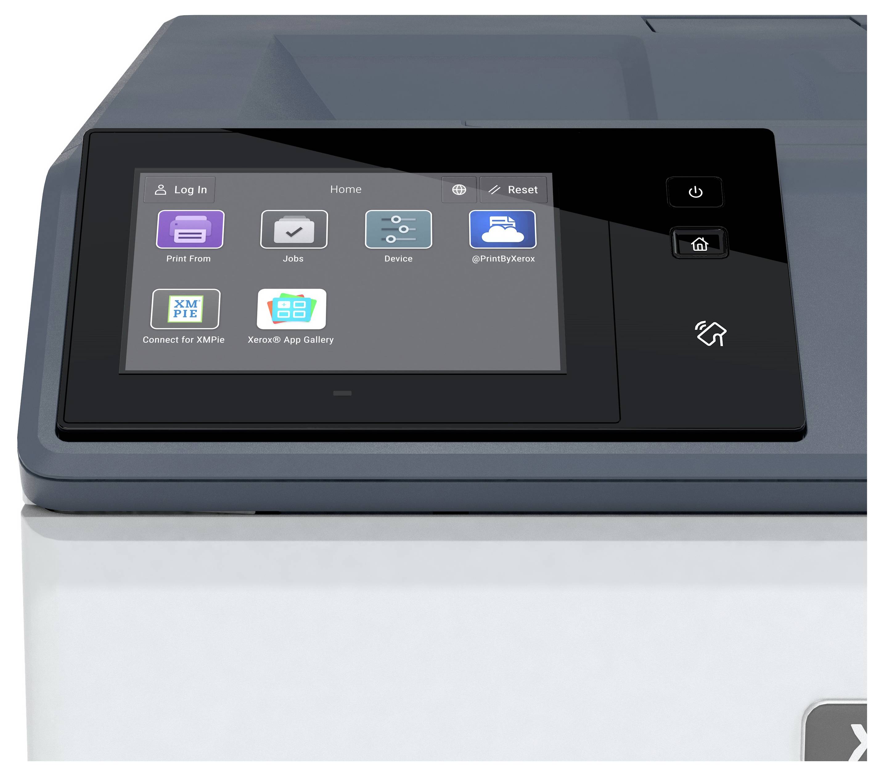 Panneau de commande de l'imprimante affichant les options : « Imprimer depuis », « Travaux », « Appareil ». Affiche les boutons de mise sous tension et d'accueil, avec une invite de « Connexion ».