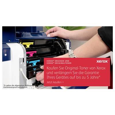 Une main change un toner dans une imprimante. Texte dans un encadré rouge : « Achetez des toners originaux Xerox et prolongez la garantie de votre appareil jusqu'à 5 ans. Achetez maintenant ».