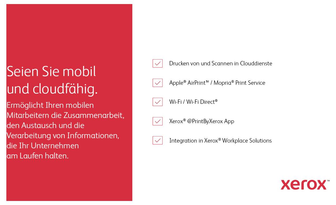 Publicité 'Xerox' : Promotion du travail mobile et compatible cloud. Fonctionnalités : Impression/Numérisation, Apple AirPrint, Wi-Fi, Application Xerox, Intégration dans les Solutions Workplace.