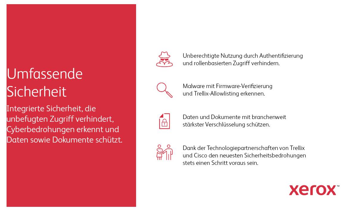La « Sécurité globale » de Xerox décrit la protection contre les accès non autorisés, la détection des menaces cybernétiques et la protection des données et des documents.