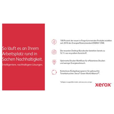 Mesures de durabilité de 'Xerox' : 100% de nouveaux produits avec 'Energy Star', imprimantes de bureau en 52% de plastique. Retour possible des cartouches d'encre vides.