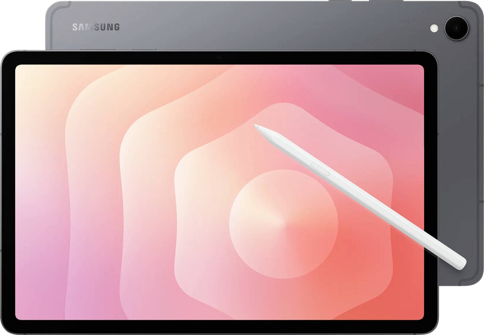 Une tablette élégante avec un stylet blanc sur son écran, affichant un dégradé rose et orange, posée sur son côté arrière gris.