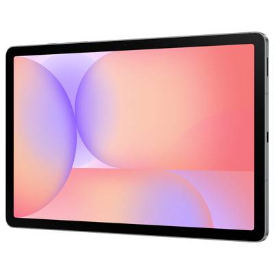 Une tablette élégante avec un design abstrait dégradé sur l'écran, présentant des cercles roses et violets qui se chevauchent sur un fond orange clair.