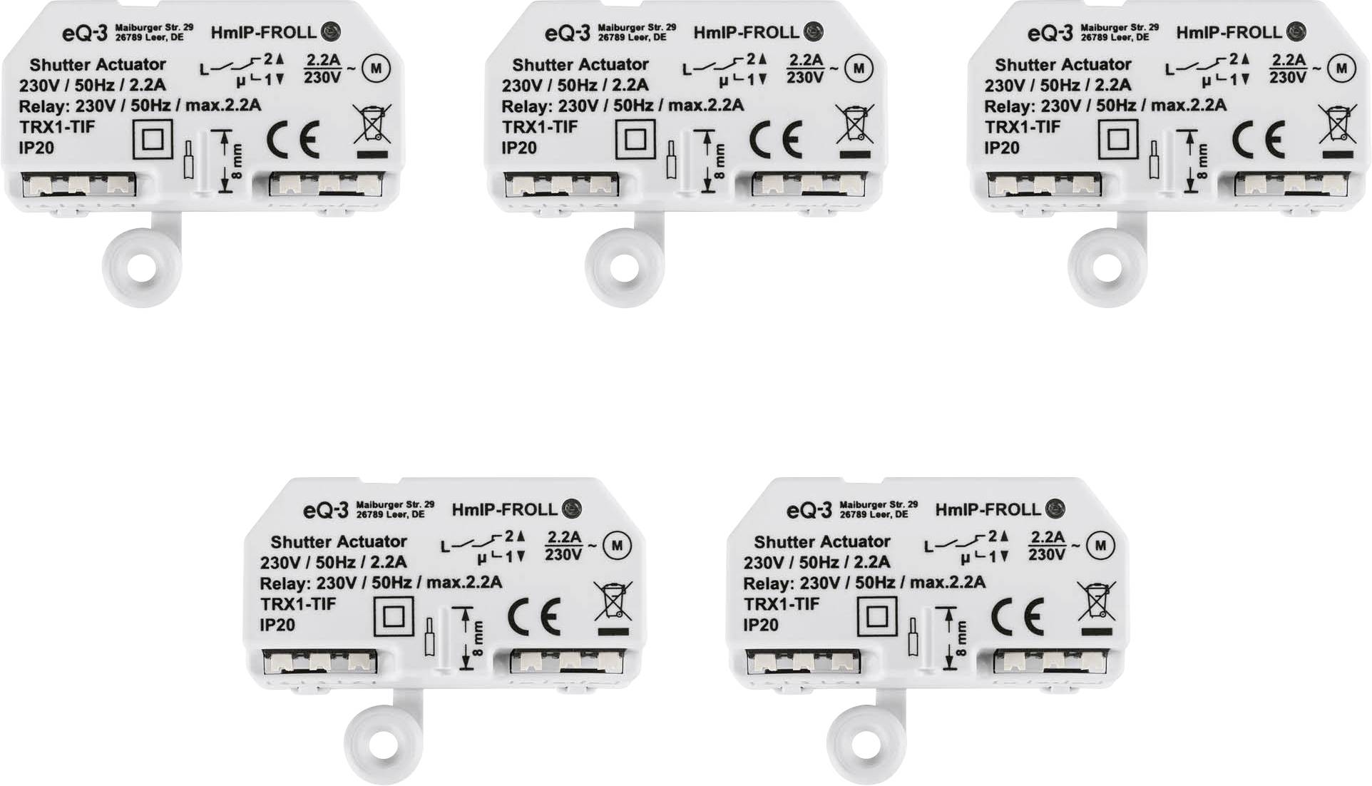 « Cinq actionneurs de volets blancs, chacun étiqueté avec les spécifications suivantes : 230V, 50Hz, 2,2A, Relais ; max. 2,2A, IP20, modèle : TRX1-TF. »