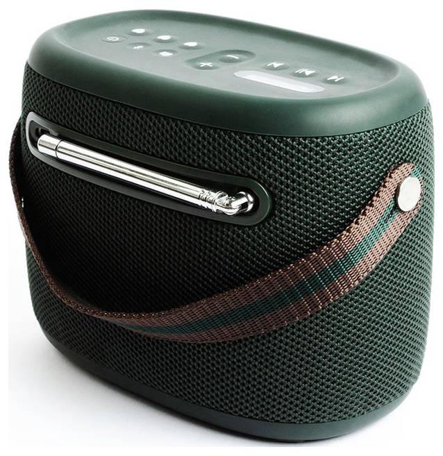 Un haut-parleur portable vert avec une sangle en tissu marron et des boutons de commande visibles sur le dessus.