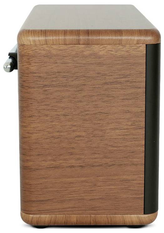 Un haut-parleur élégant en bois avec une finition en noyer, doté d'un bouton de contrôle latéral et un design minimaliste adapté aux intérieurs modernes.