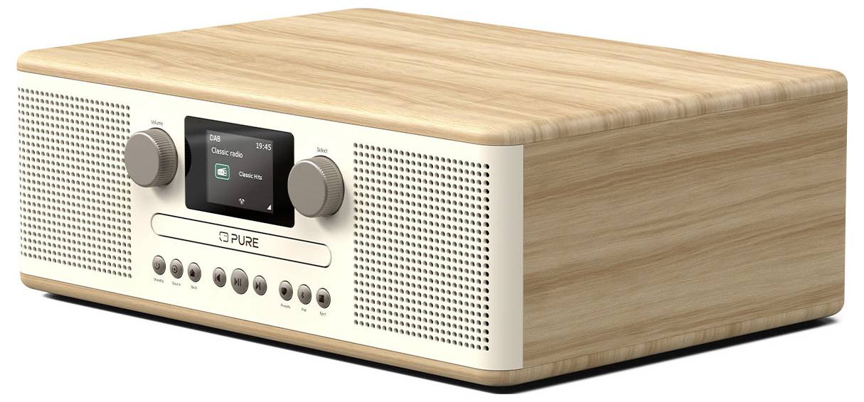 Un poste de radio de table moderne avec un extérieur en bois, un affichage numérique, des haut-parleurs et des boutons de commande, conçu pour le divertissement audio domestique.