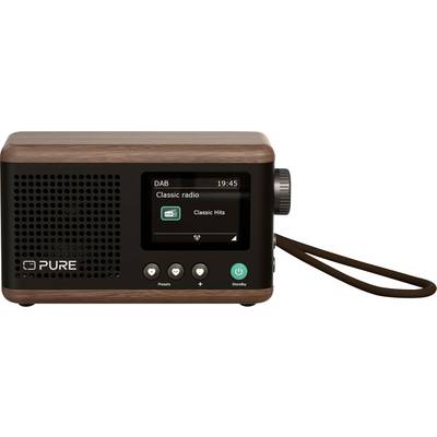Un poste de radio numérique de style rétro affichant « DAB Classic radio » et « Classic Hits » sur son écran, avec une finition en bois et une sangle de transport.