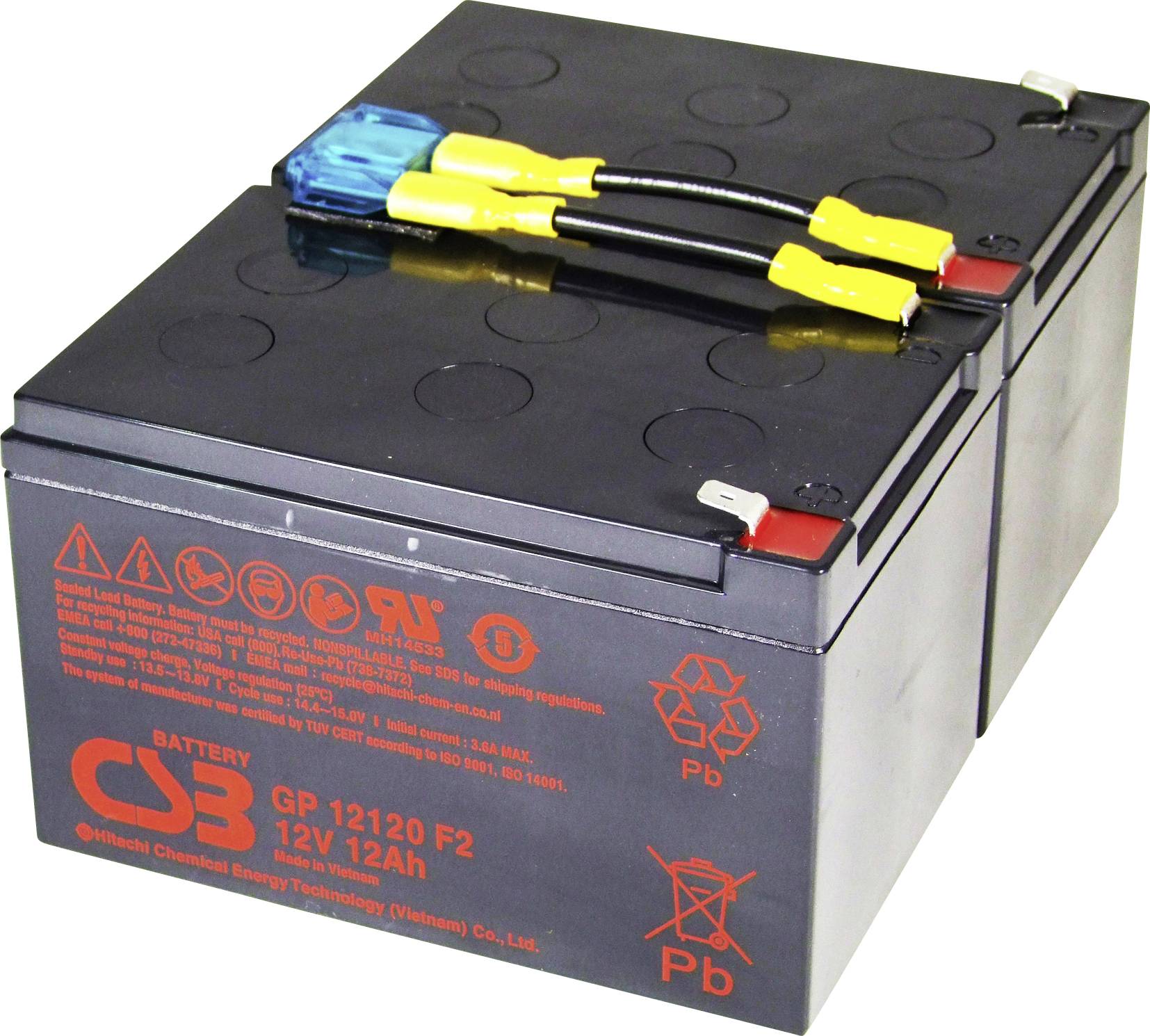 Une paire de batteries scellées au plomb de 12 V et 12 Ah connectées en série avec des connecteurs de fil jaunes et divers symboles de mise en garde sur le boîtier.