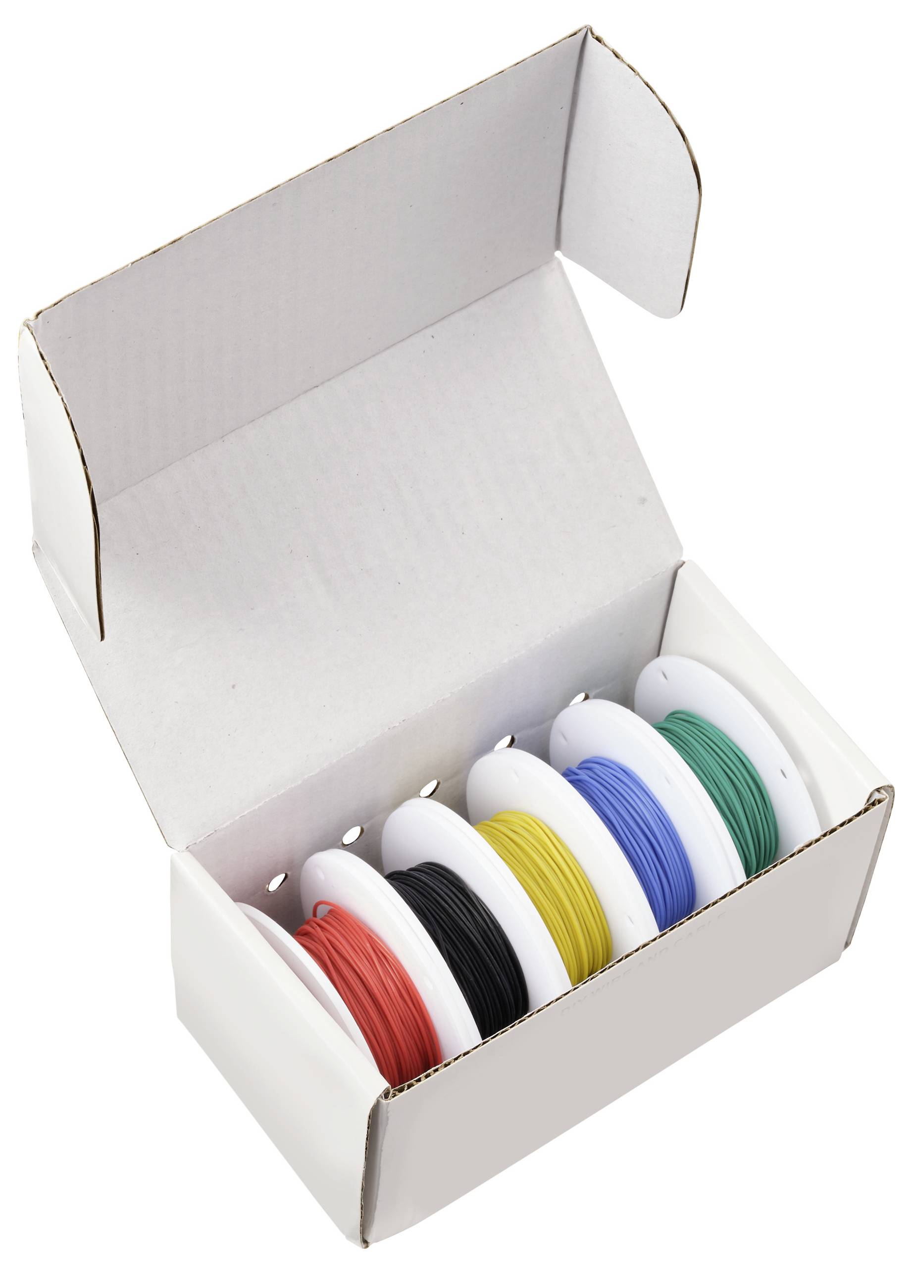 Boîte contenant cinq bobines de fil de différentes couleurs, comprenant du rouge, du noir, du jaune, du bleu et du vert, utilisées pour des projets électriques ou de bricolage.