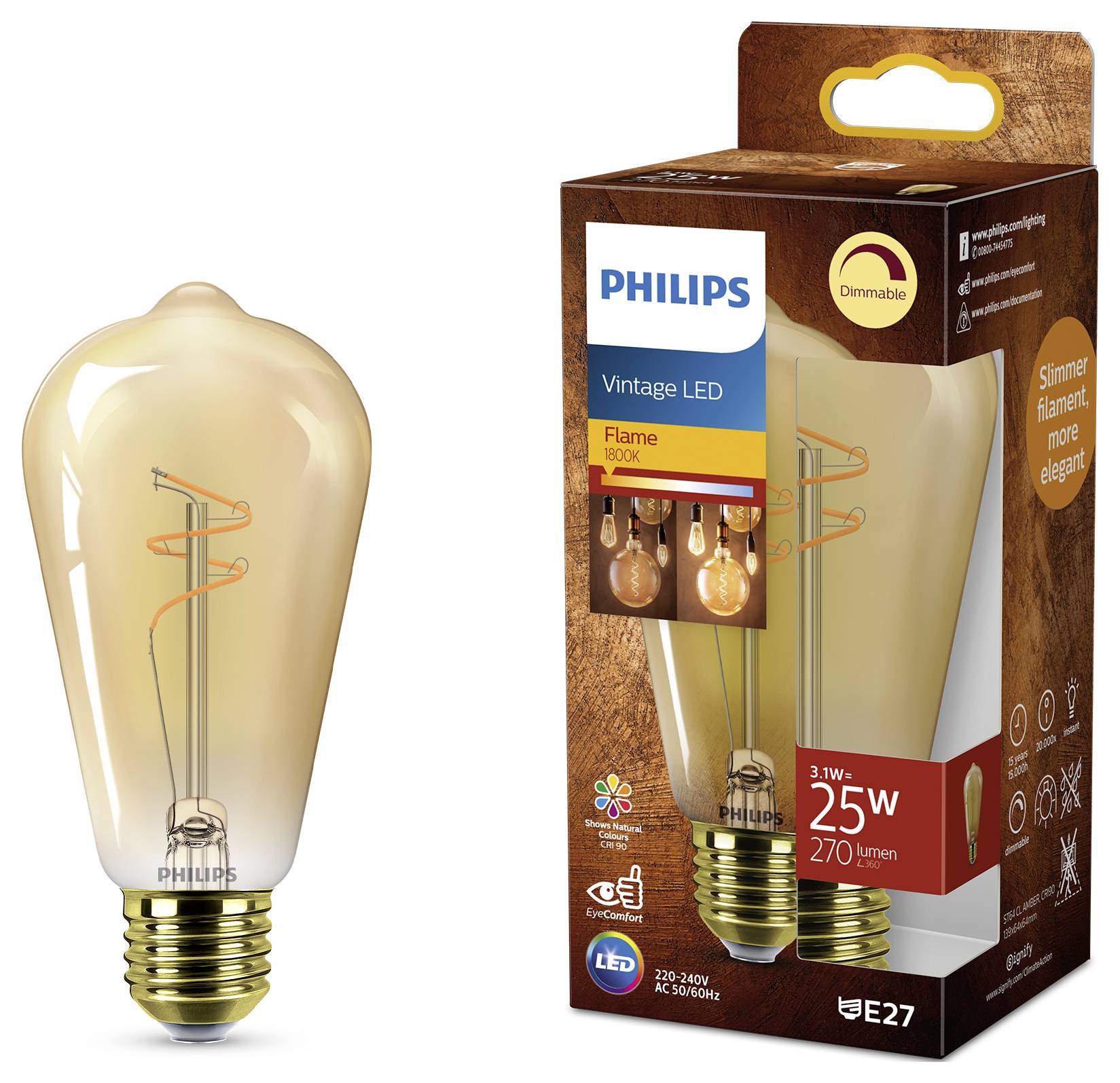 Une ampoule LED Phillips de style vintage avec une teinte 'flamme' est présentée à côté de sa boîte, qui met en avant 'dimmable', '3,1W' et '270 lumens'.