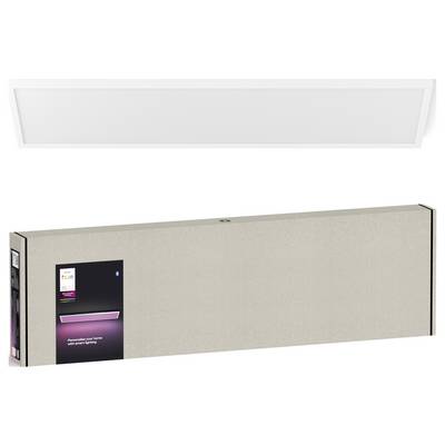 Un luminaire de plafond rectangulaire blanc au design épuré est représenté au-dessus de sa boîte d'emballage, qui présente la marque et les informations du produit.