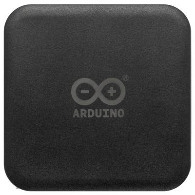 Un appareil électronique carré noir portant le logo Arduino, comportant un symbole circulaire avec un signe négatif et positif.