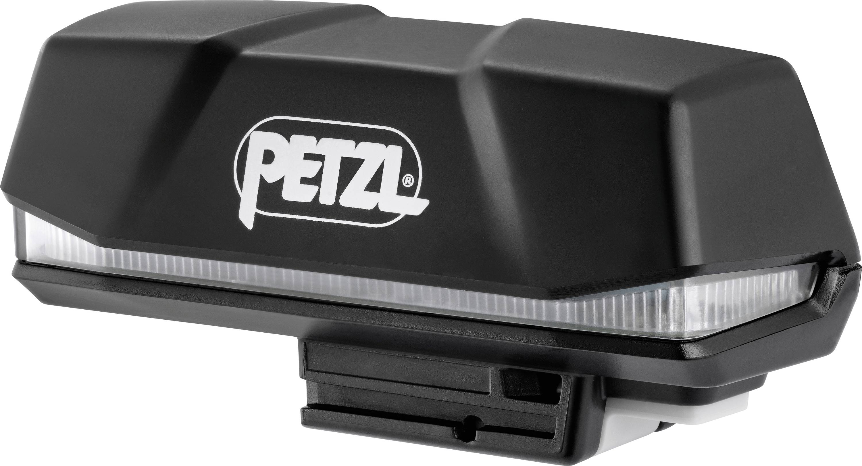 Lampe frontale de la marque 'PETZL', présentant un design noir élégant avec une bande translucide pour l'éclairage.