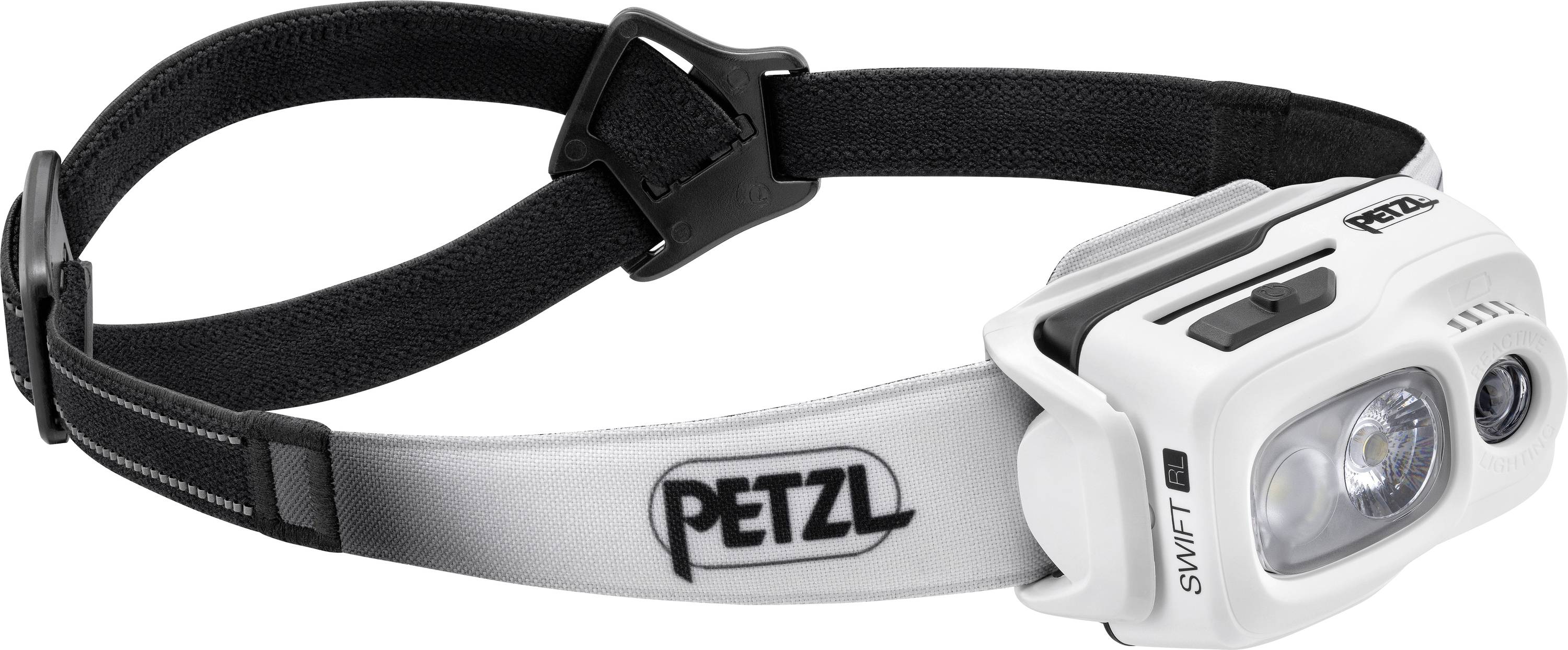 Un projecteur frontal blanc avec une sangle noire ajustable, portant le nom de marque 'PETZL' en lettres noires. La lampe est compacte et légère.