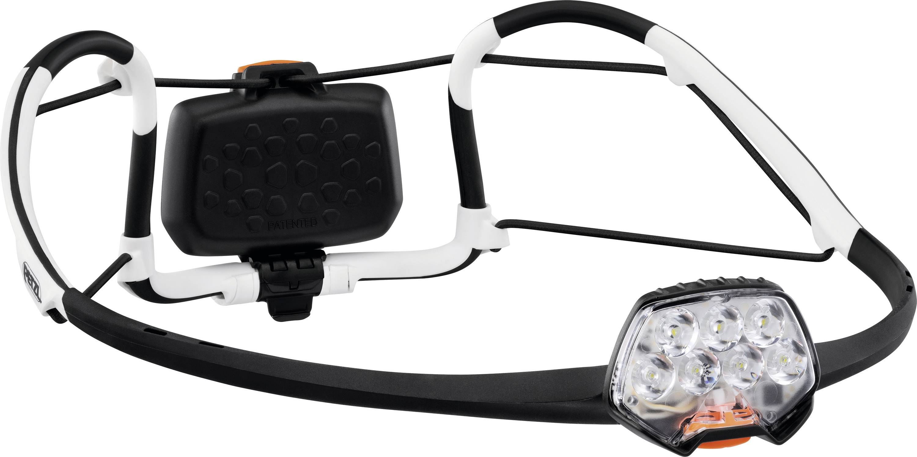 Lampe frontale avec plusieurs LED, bandeau noir et blanc, et un boîtier de batterie arrière réglable. Conçue pour un éclairage mains libres.