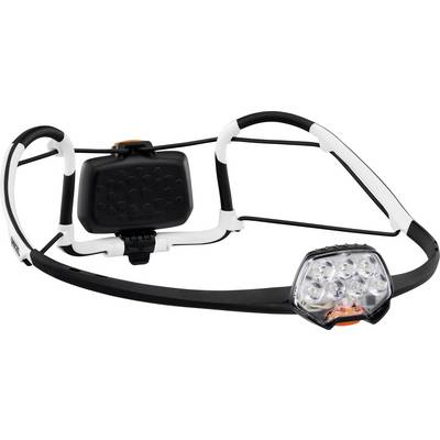 Lampe frontale avec plusieurs LED, bandeau noir et blanc, et un boîtier de batterie arrière réglable. Conçue pour un éclairage mains libres.