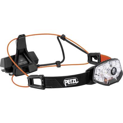Lampe frontale Petzl avec sangles réglables, équipée de plusieurs LED et d'un boîtier de batterie arrière. Conçue pour un éclairage mains libres.