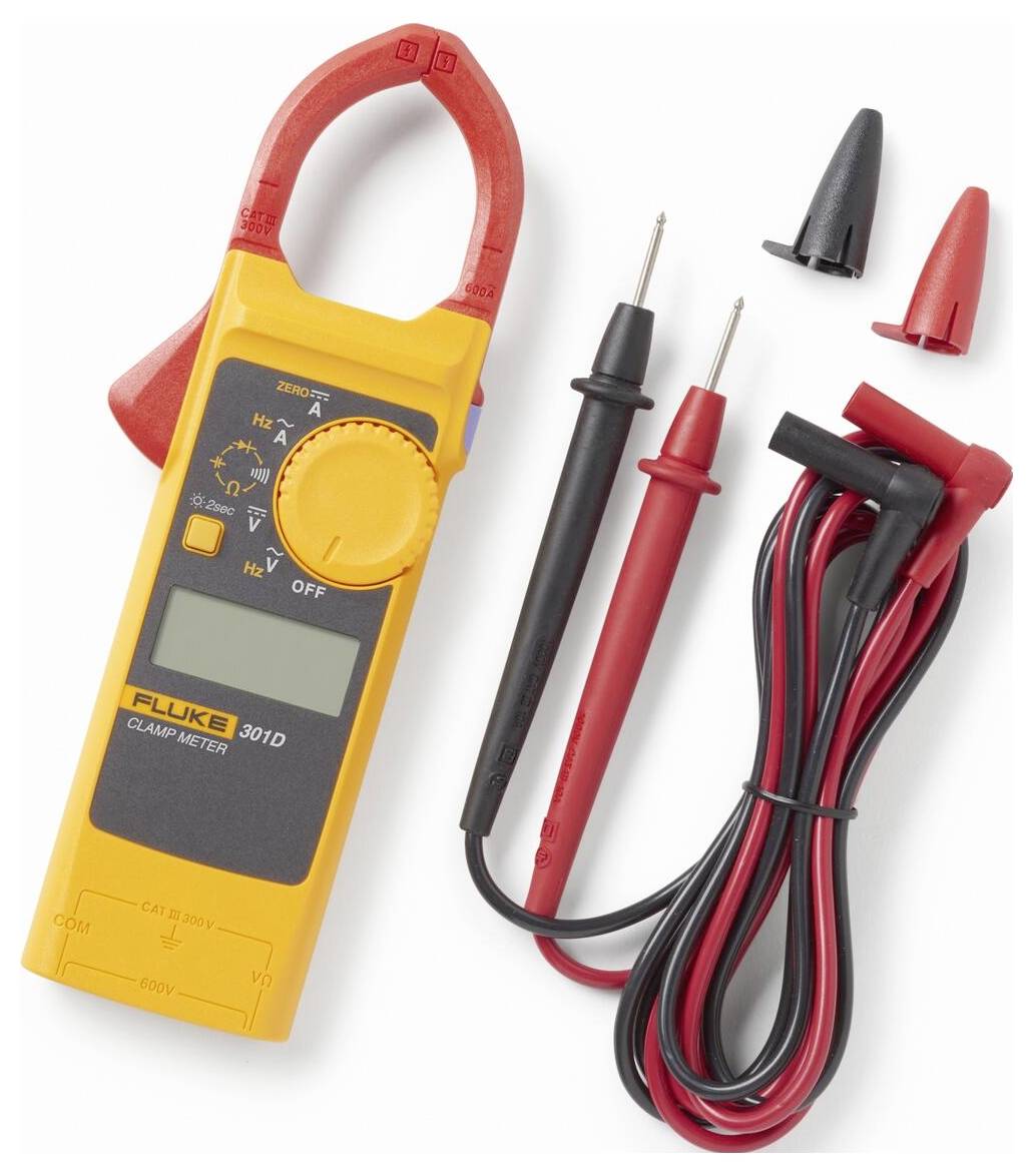 Un multimètre à pince de couleur jaune, équipé de sondes et de pinces, utilisé pour mesurer le courant électrique et la tension dans les circuits, est présenté avec ses accessoires.