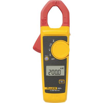 Un multimètre à pince numérique avec un écran LCD affichant '200,0 A AC'. Il a un boîtier jaune et une pince rouge. Adapté pour mesurer le courant électrique.