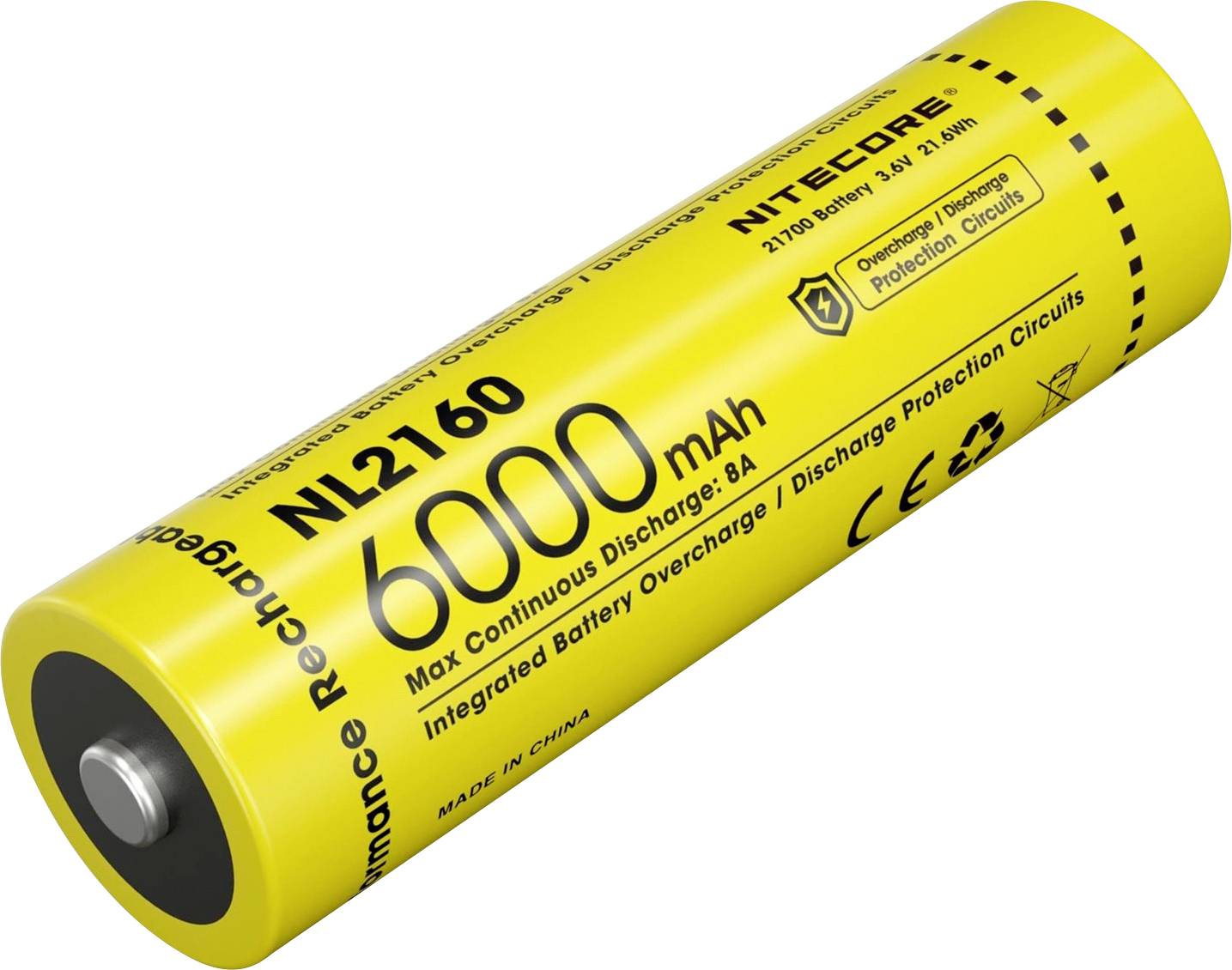 Batterie Nitecore jaune, modèle NL2160, capacité de 6000 mAh, tension de 3,6V, avec protection contre la surcharge et la décharge.