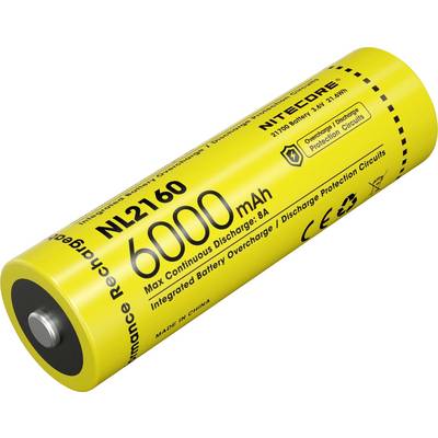 Batterie Nitecore jaune, modèle NL2160, capacité de 6000 mAh, tension de 3,6V, avec protection contre la surcharge et la décharge.