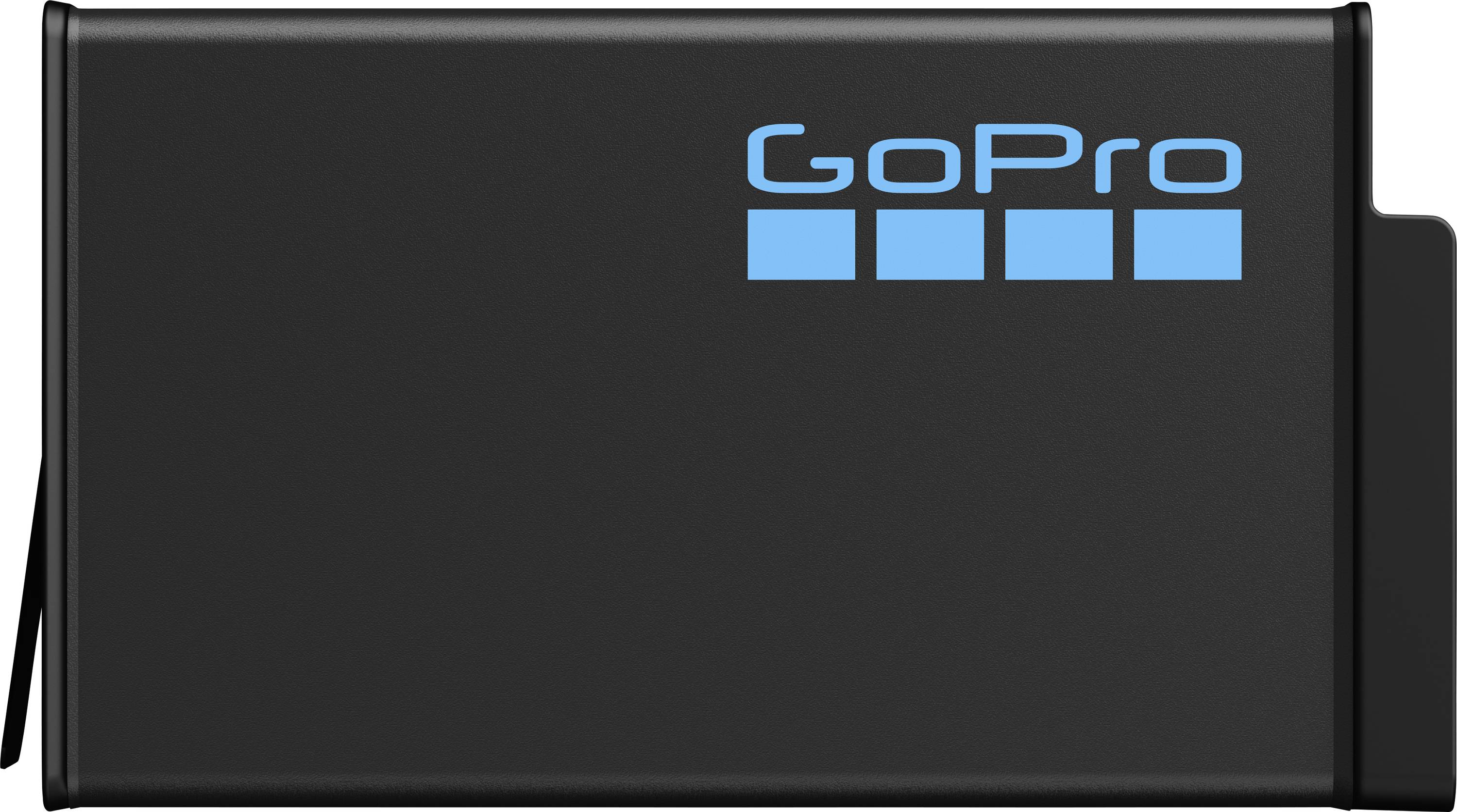 Une batterie de caméra GoPro avec un boîtier noir et le logo GoPro bleu présentant quatre icônes carrées sur l'avant.