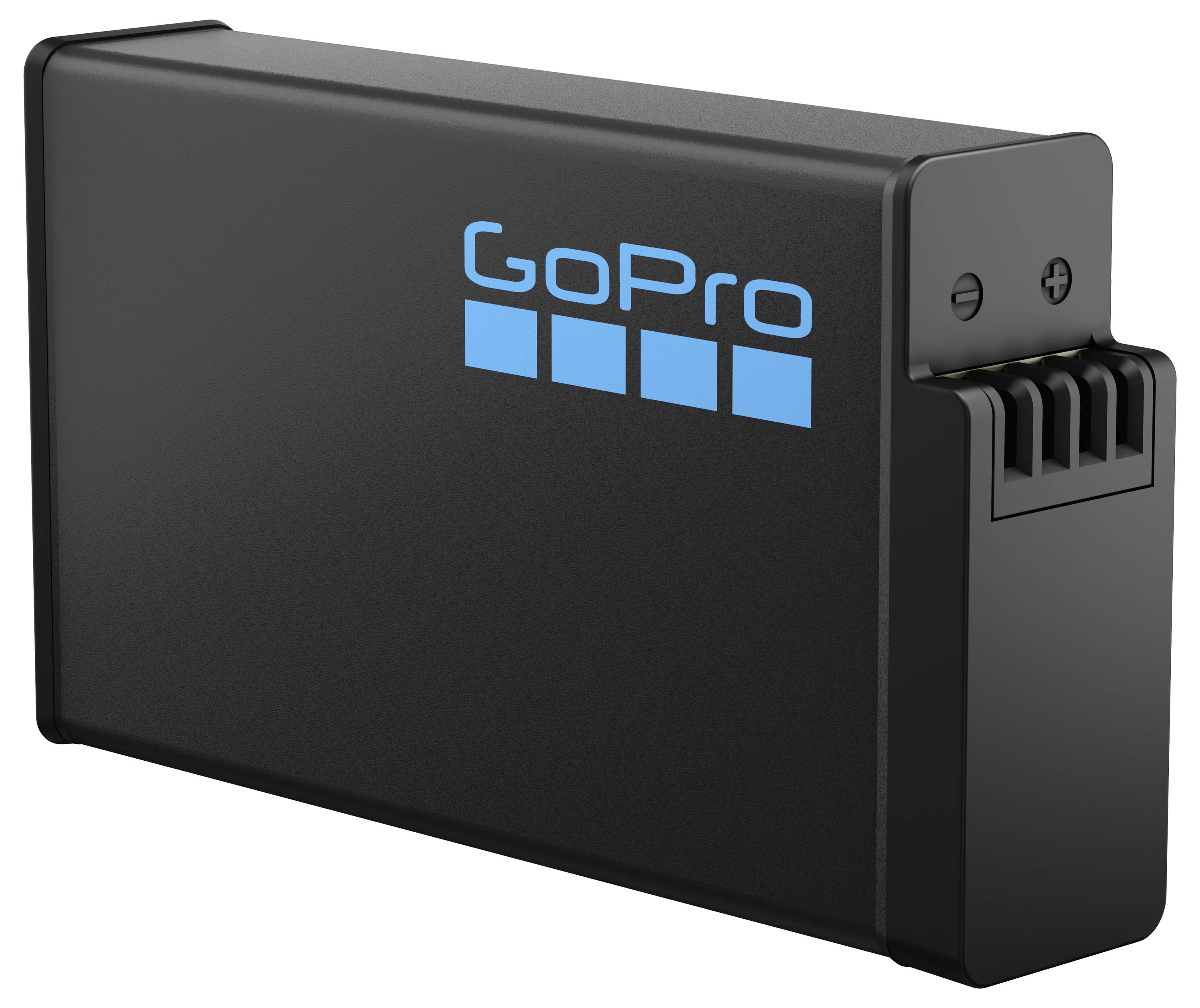 Une batterie rectangulaire noire avec un logo bleu 'GoPro' sur le côté, présentant une prise striée et des symboles plus et moins à une extrémité.