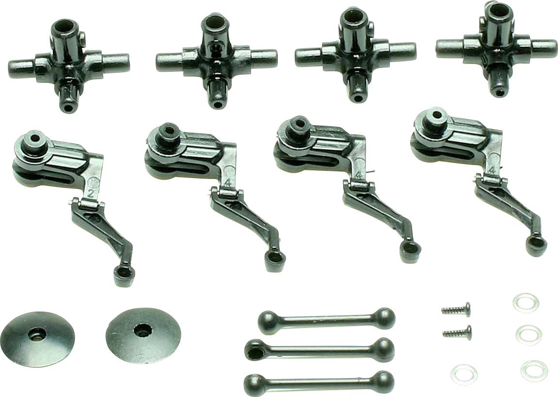 Collection de pièces automobiles métalliques comprenant des joints, des bras, des rondelles, des tiges et des vis, disposés sur une surface plane.