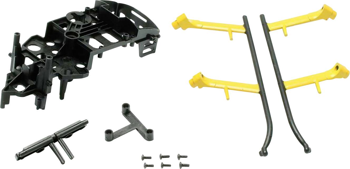Pièces d'assemblage en plastique noir et jaune, comprenant des vis, pour un véhicule jouet ou un modèle. Les composants sont disposés sur un fond blanc.