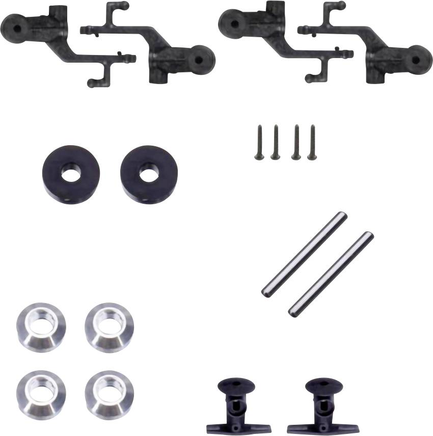 Les pièces de suspension pour voiture télécommandée comprennent deux bras de suspension, quatre rondelles, trois vis, deux tiges et deux supports de montage, disposés soigneusement.