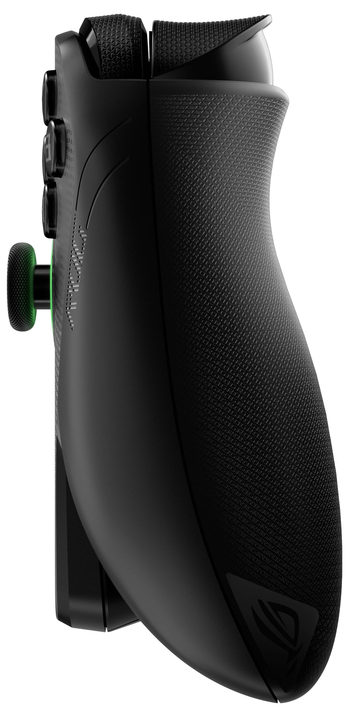 Vue latérale d'une manette de jeu noire montrant sa prise en main ergonomique et ses emplacements de boutons, avec un joystick vert sur le côté gauche.