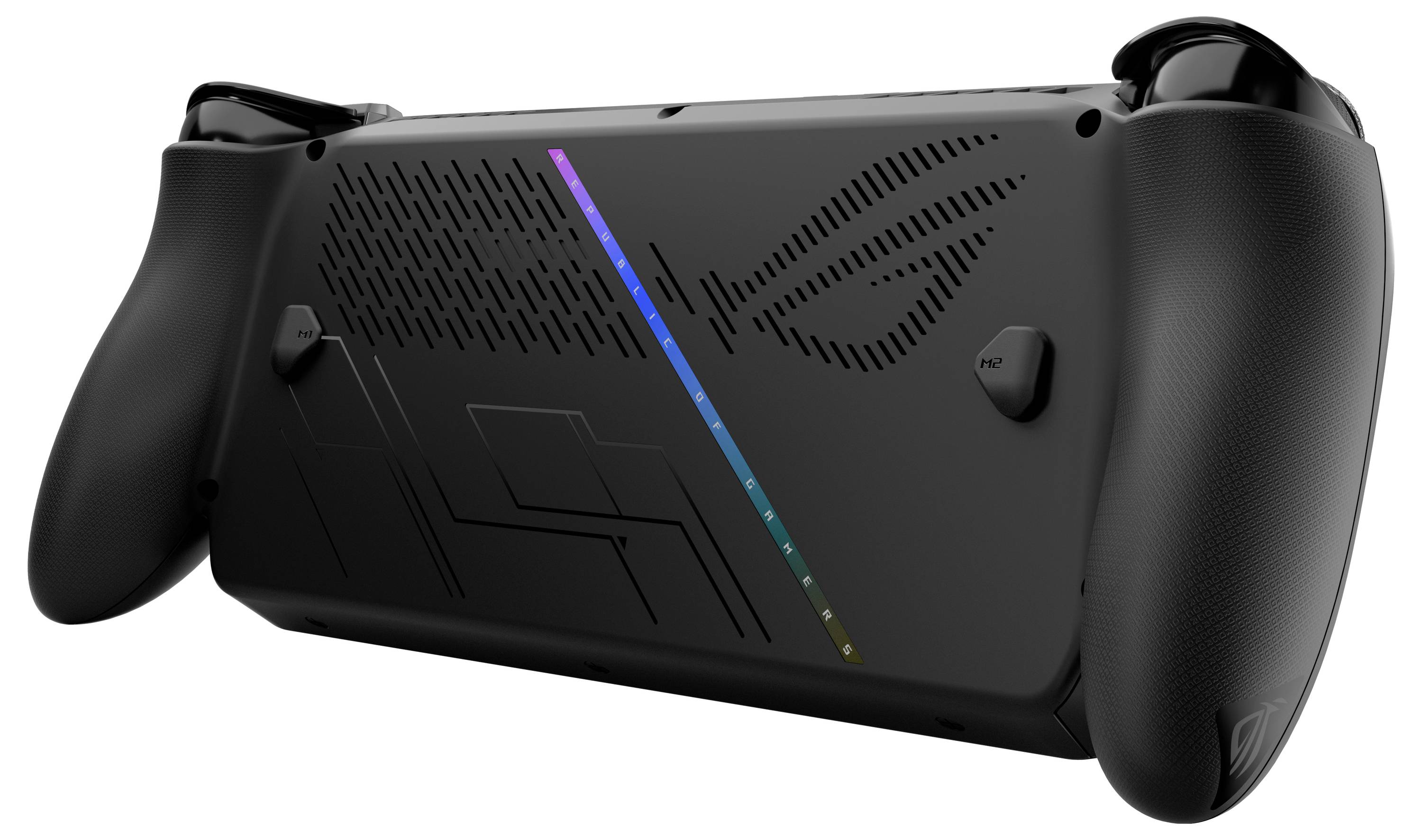 Vue arrière d'une manette de jeu avec une prise en main texturée, présentant une bande LED diagonale qui change de couleurs, et des motifs gravés distinctifs.