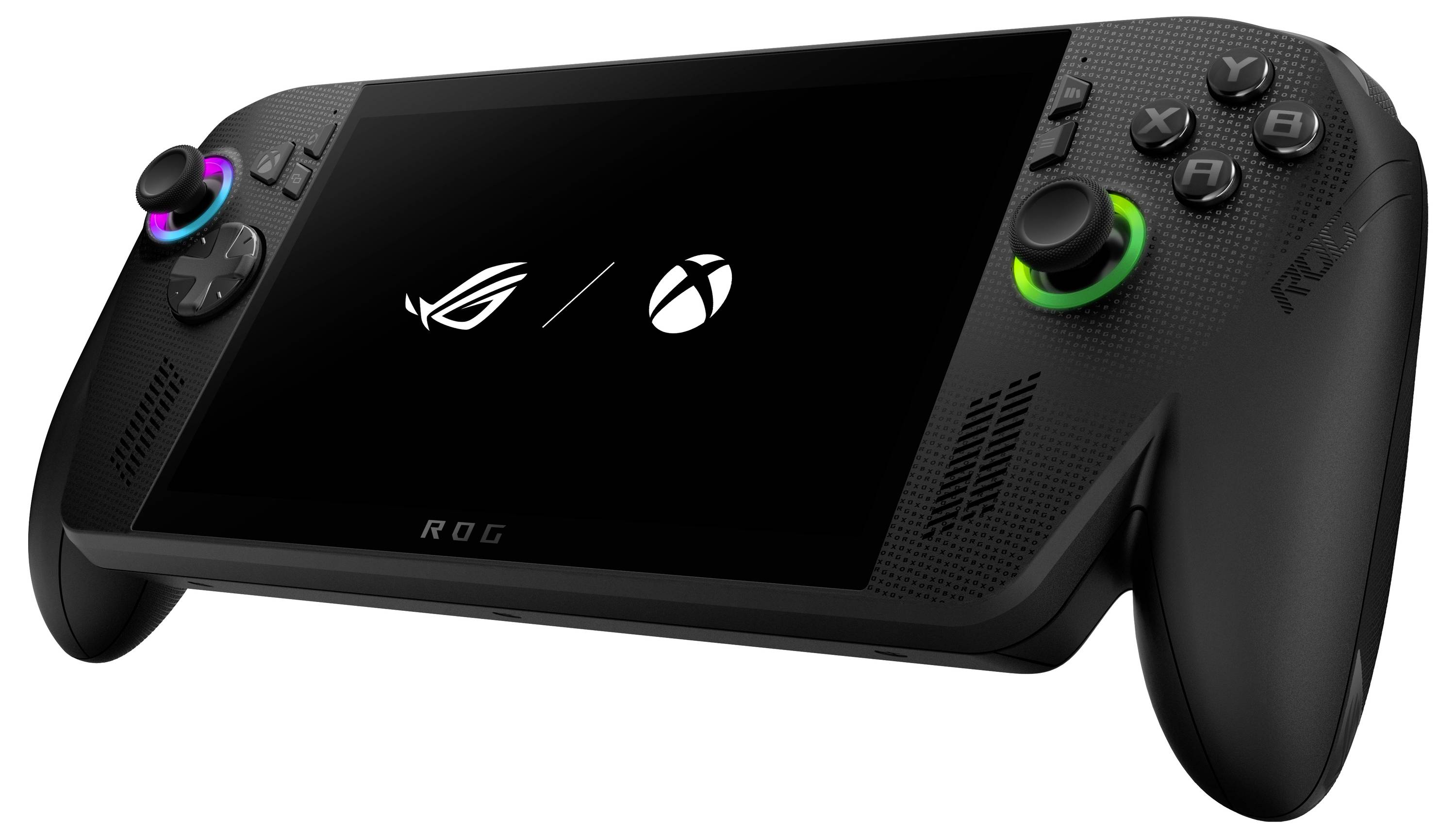 Console de jeu portable avec deux manettes analogiques, un grand écran affichant des logos et plusieurs boutons.