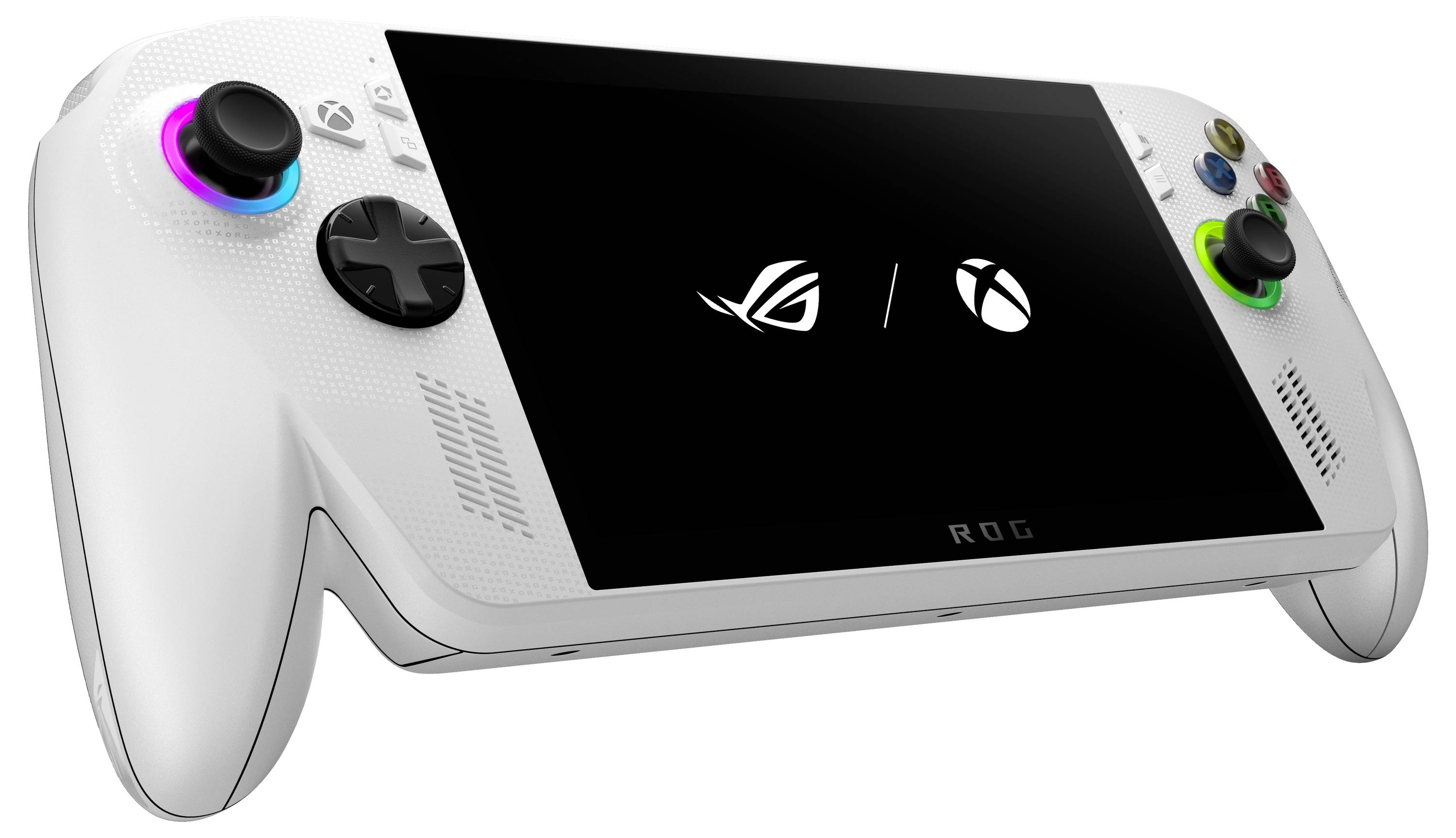 Une console de jeu portable blanche avec un écran affichant les logos ROG et Xbox, dotée de boutons multicolores et d'un joystick de chaque côté.